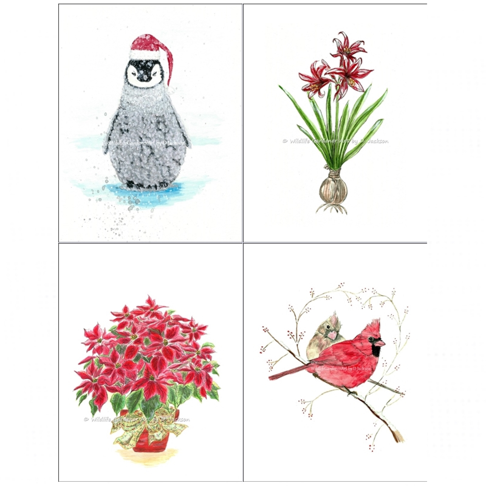 1600x1600 Christmas Birds And Plants, Seasonal Watercolor Art Prints (Set Of