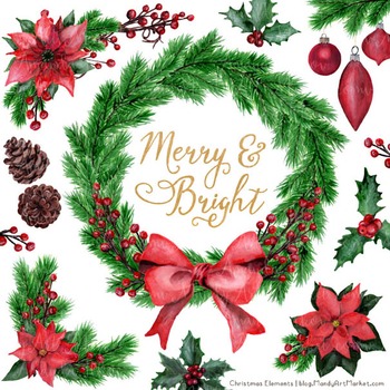 350x350 Merry Amp Bright Watercolor Christmas Wreath Clipart