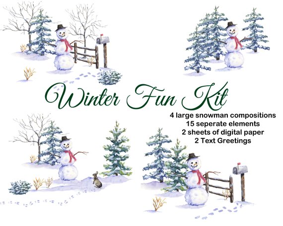 570x456 Christmas Watercolor Clipart Hand Painted Snowman Pine
