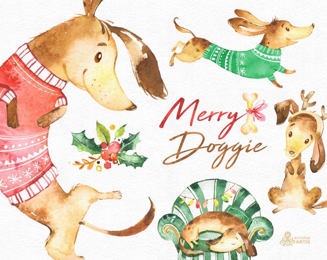 642x510 Merry Doggie. Christmas Watercolor Clipart Dachshund Dog Etsy