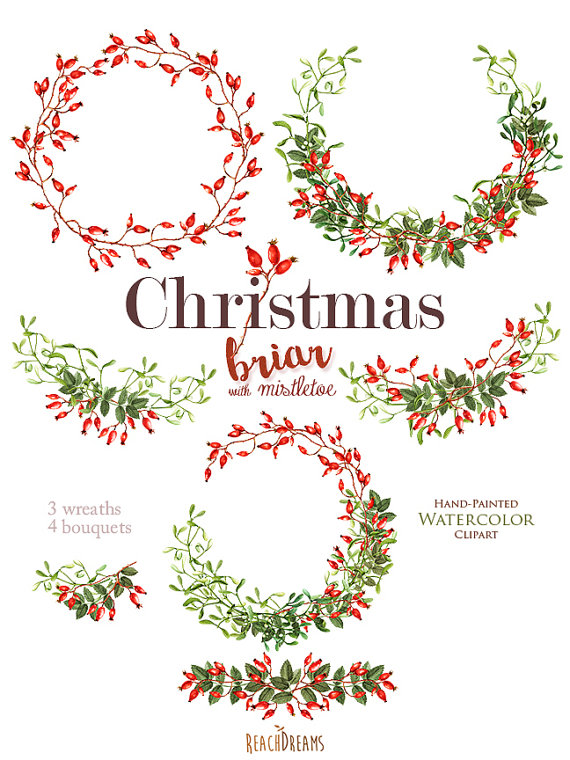570x760 Christmas Watercolor Clipart, Mistletoe, Briar, Holiday Hand