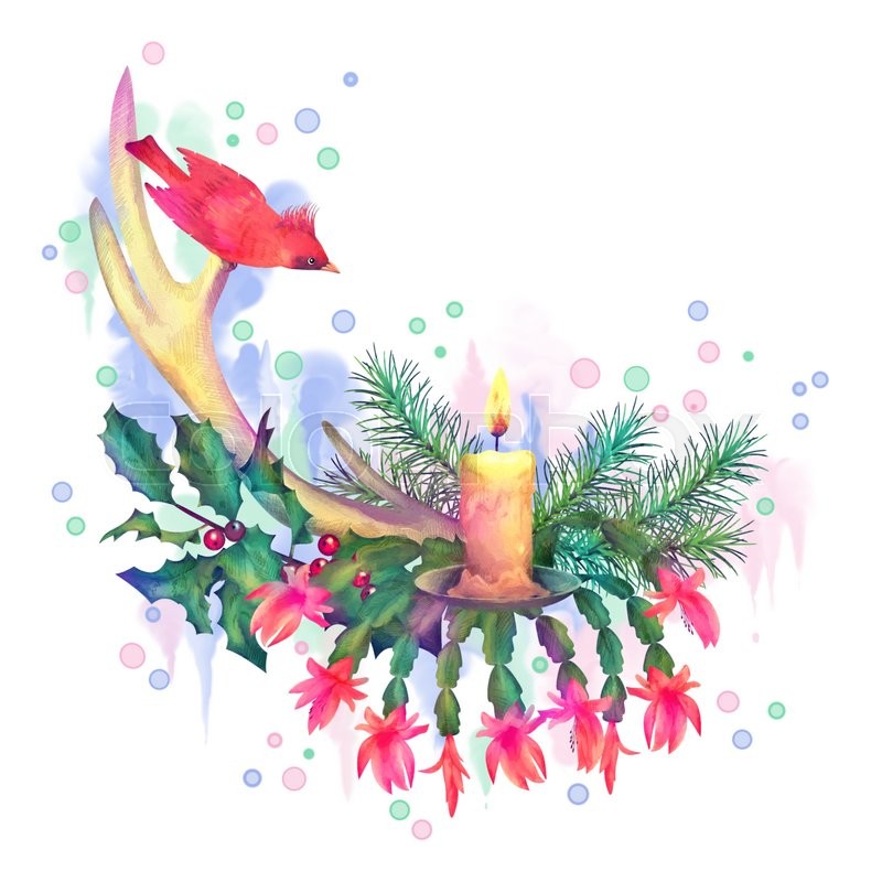 800x800 Merry Christmas Watercolor Drawing. Holiday Composition Of The