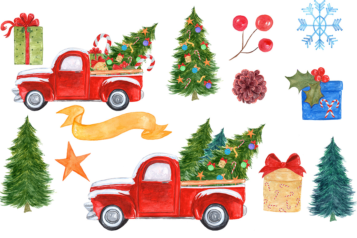1162x775 Watercolor Christmas Truck Clipart