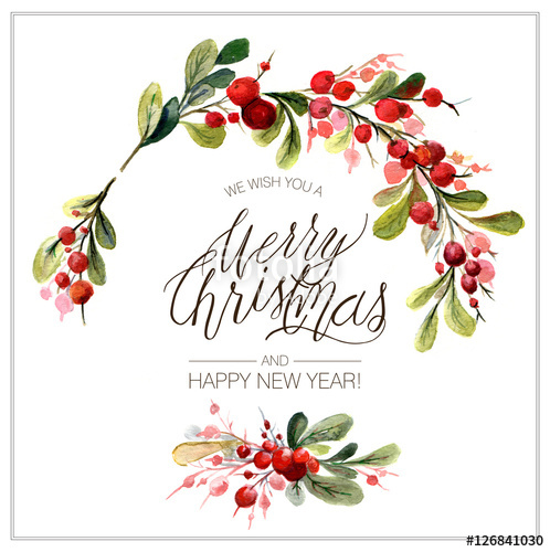 498x500 Christmas Card. Watercolor Painting With Hand Lettering. Berry