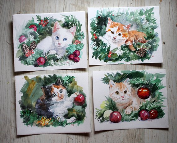 570x460 Cute Kitten Christmas Watercolor Original Painting Animal Set Etsy