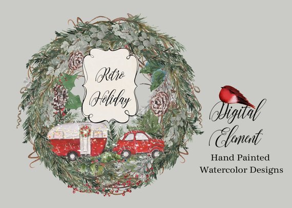 570x407 Watercolor Christmas Clip Art Christmas Wreath Watercolor Etsy