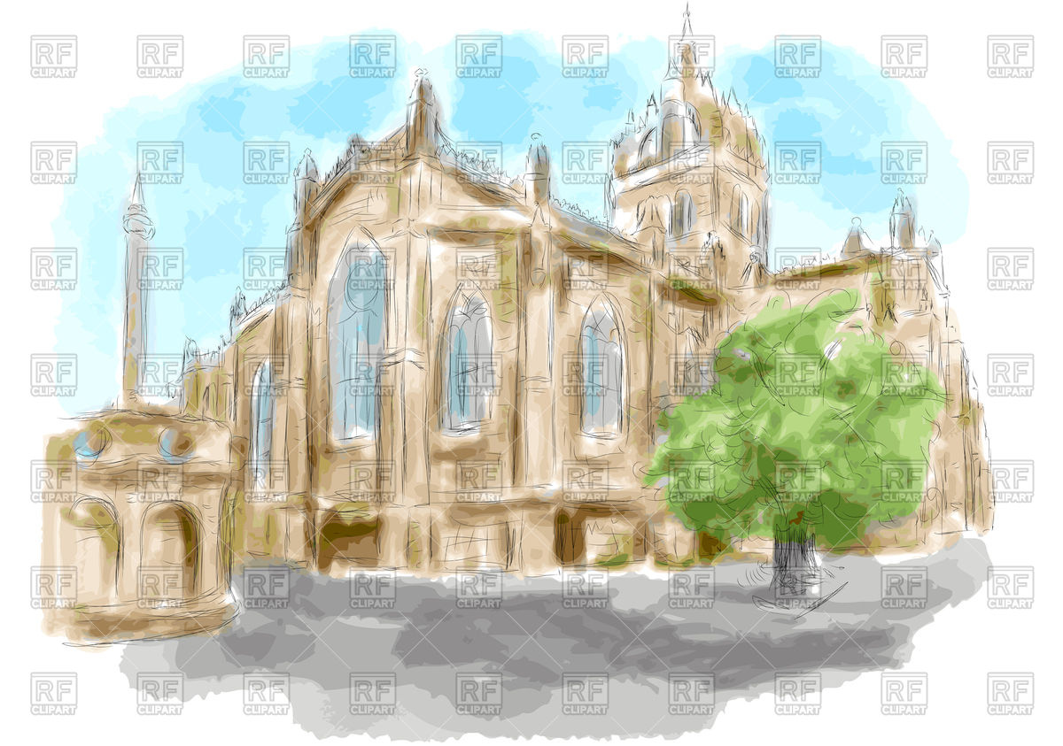 1200x843 Edinburgh Stylized Church As Watercolor Paint Vector Image