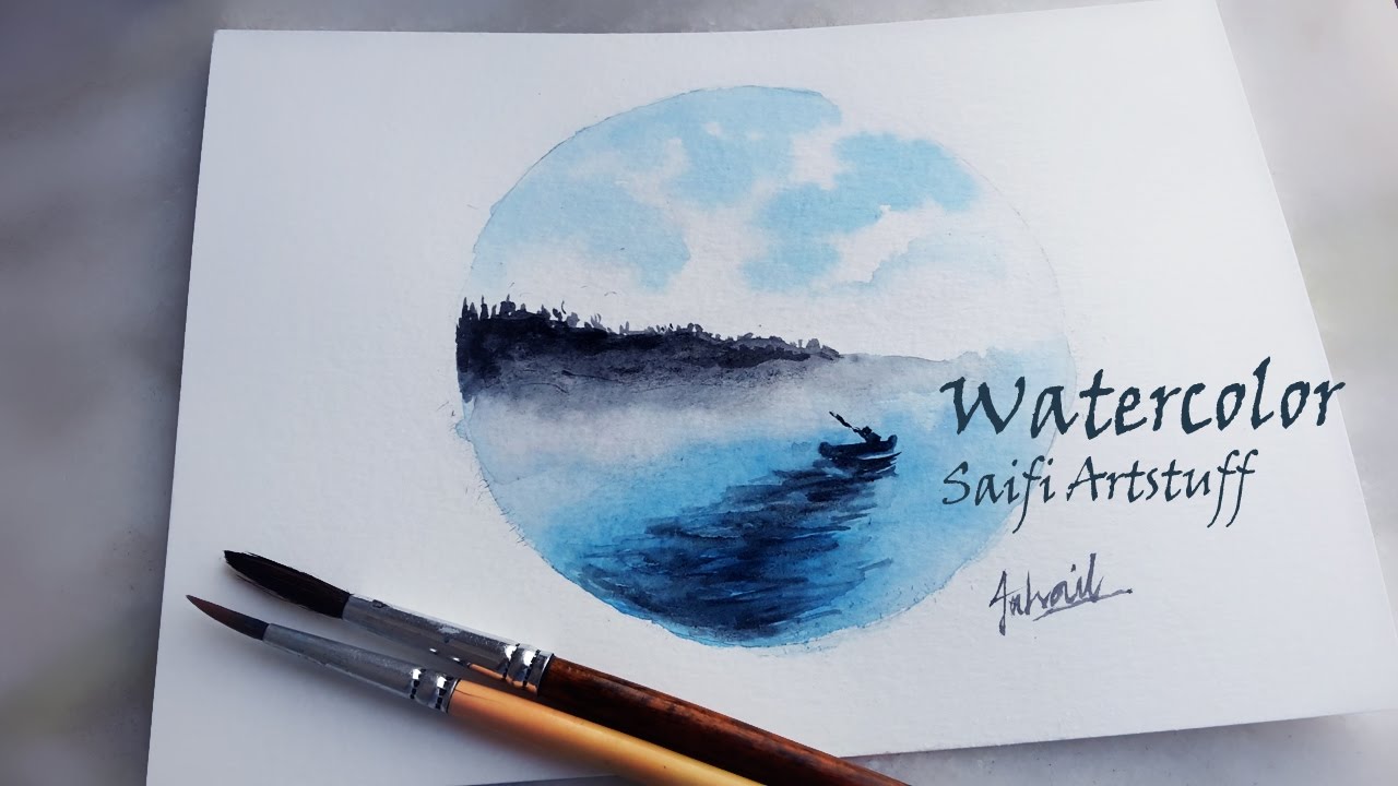 1280x720 Watercolor Circle Landscape Of Ocean (By Using Blue And Black ) By