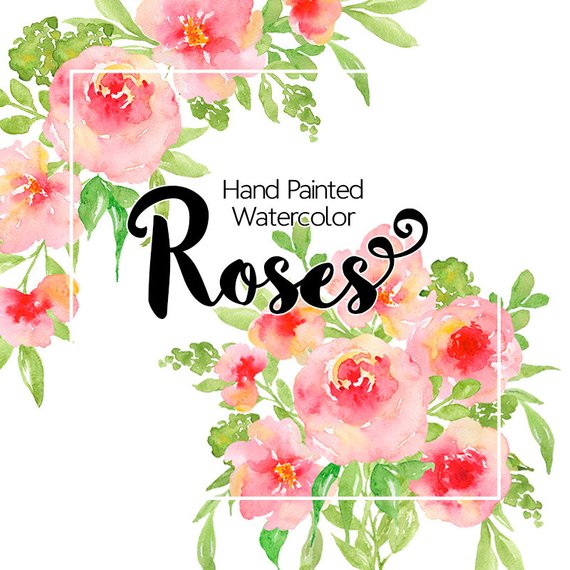 570x570 Digital Floral Clipart Watercolor Flower Clipart Pink Rose Etsy