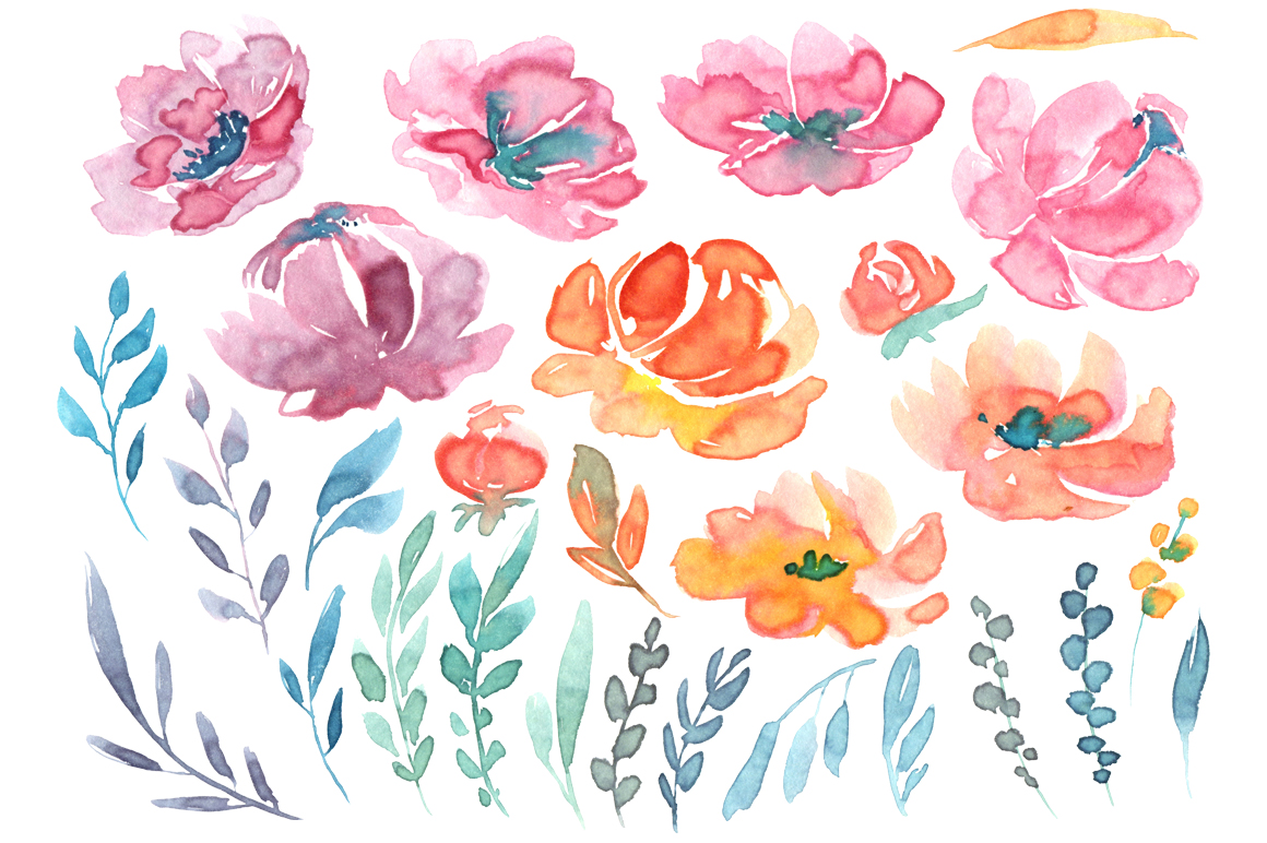 1160x772 28 Watercolor Flowers And Leaves Floral Clipart By