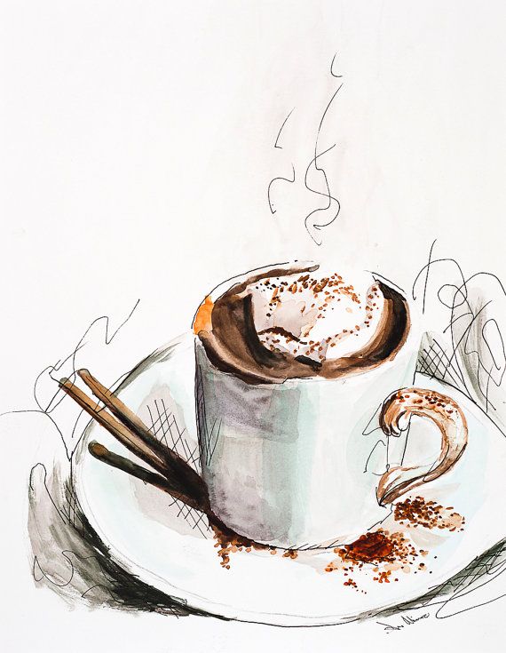 570x735 Watercolor And Ink Painting, Morning Coffee Art Print, Original