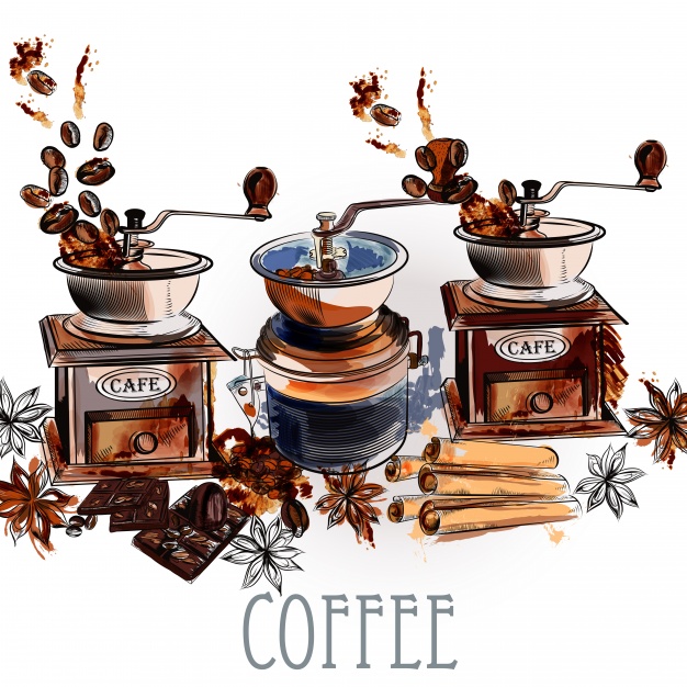 626x626 Watercolor Coffee Mills Background Vector Premium Download
