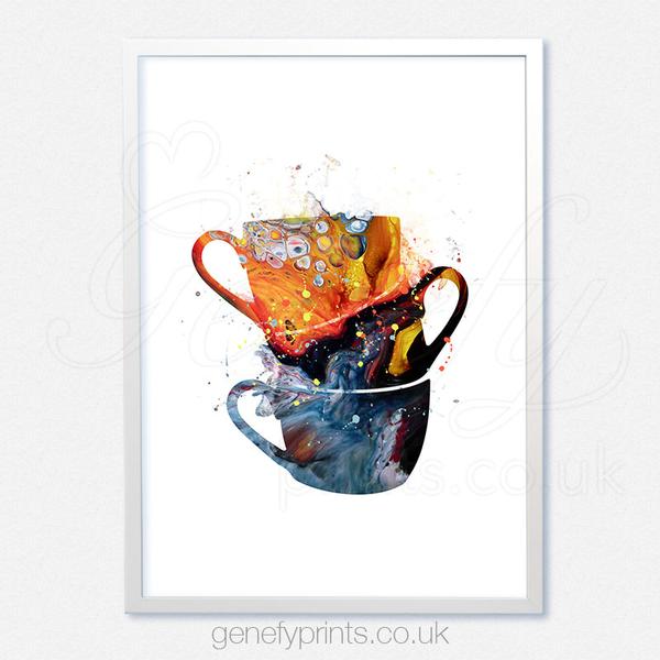 600x600 Coffee Cups Stacked Watercolor Art Print
