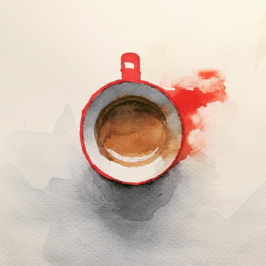 1080x1080 Watercolor Espresso Coffe, Watercolour Red Cup Painting. By Jiri