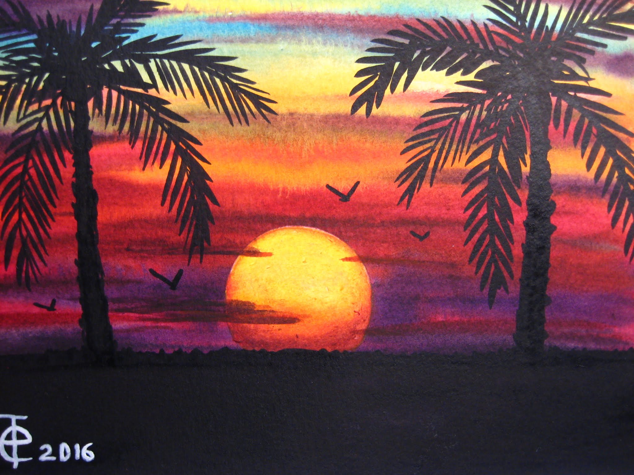 2048x1536 Watercolor Painting Sunset With Palm Trees