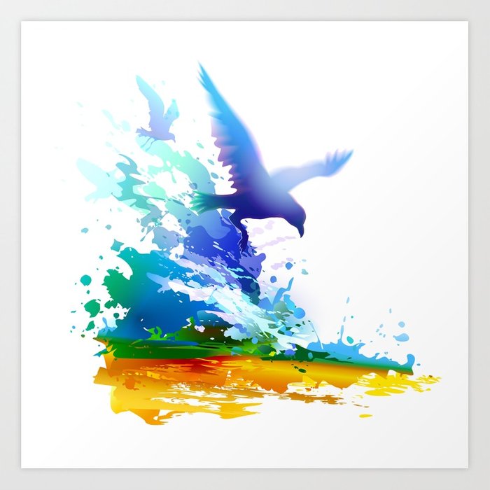700x700 Birds Flying. Sea, Ocean Waves. Gulls, Colorful Watercolor