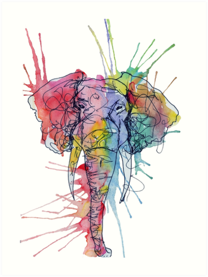 413x549 Colorful Watercolor And Ink Elephant Art Prints By Kirsten