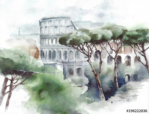 500x382 Italy Landmark Rome Colosseum Landscape With Pines Watercolor