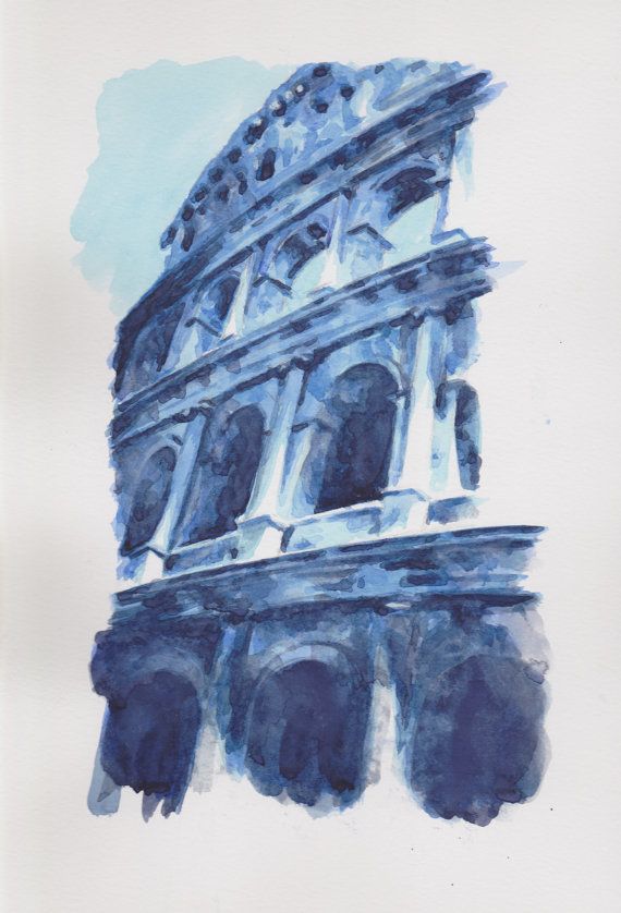 570x838 Original Watercolour Painting Colosseum Blue Ooak Rome Italy