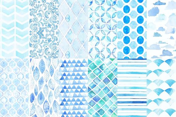 570x380 Blue Digital Paper Pack Blue Watercolor Patterns Etsy