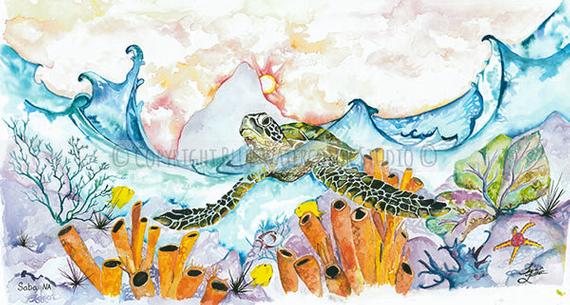 570x305 Sea Turtle Watercolor Print Coral Reef Ocean Life Etsy
