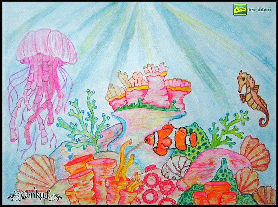 900x673 Coral Reef ( Sea Horse , Anemone Fish ) By Cankut Art