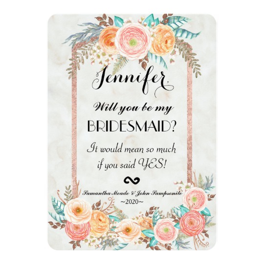 540x540 Coral Watercolor Flowers And Gold Bridesmaids Invitation