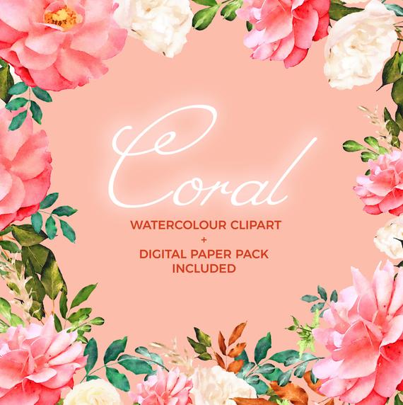 570x572 Coral Watercolor Flower Clipart Set Seamless Digital Paper Etsy