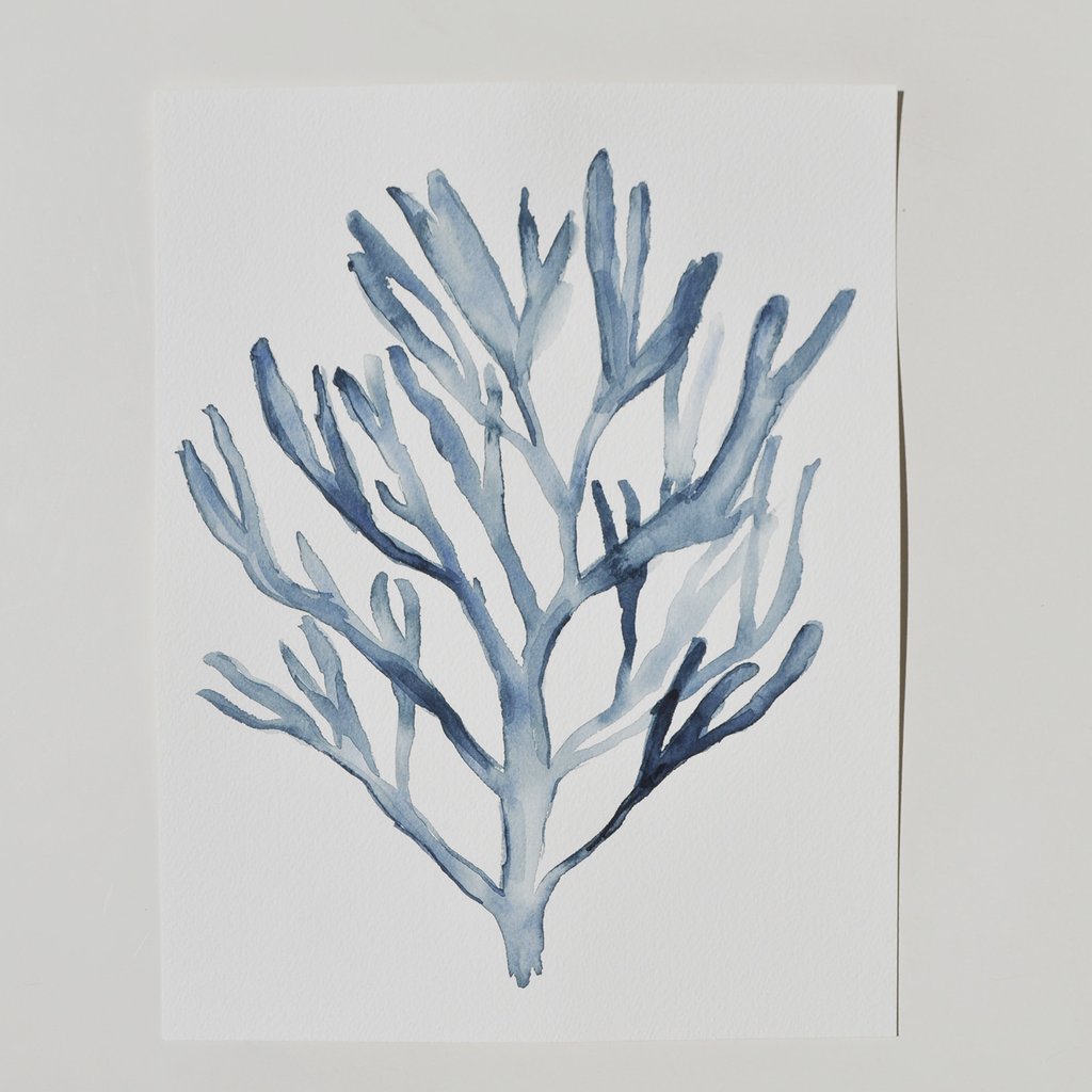 1024x1024 Blue Seaweed Coral Watercolor Original Painting
