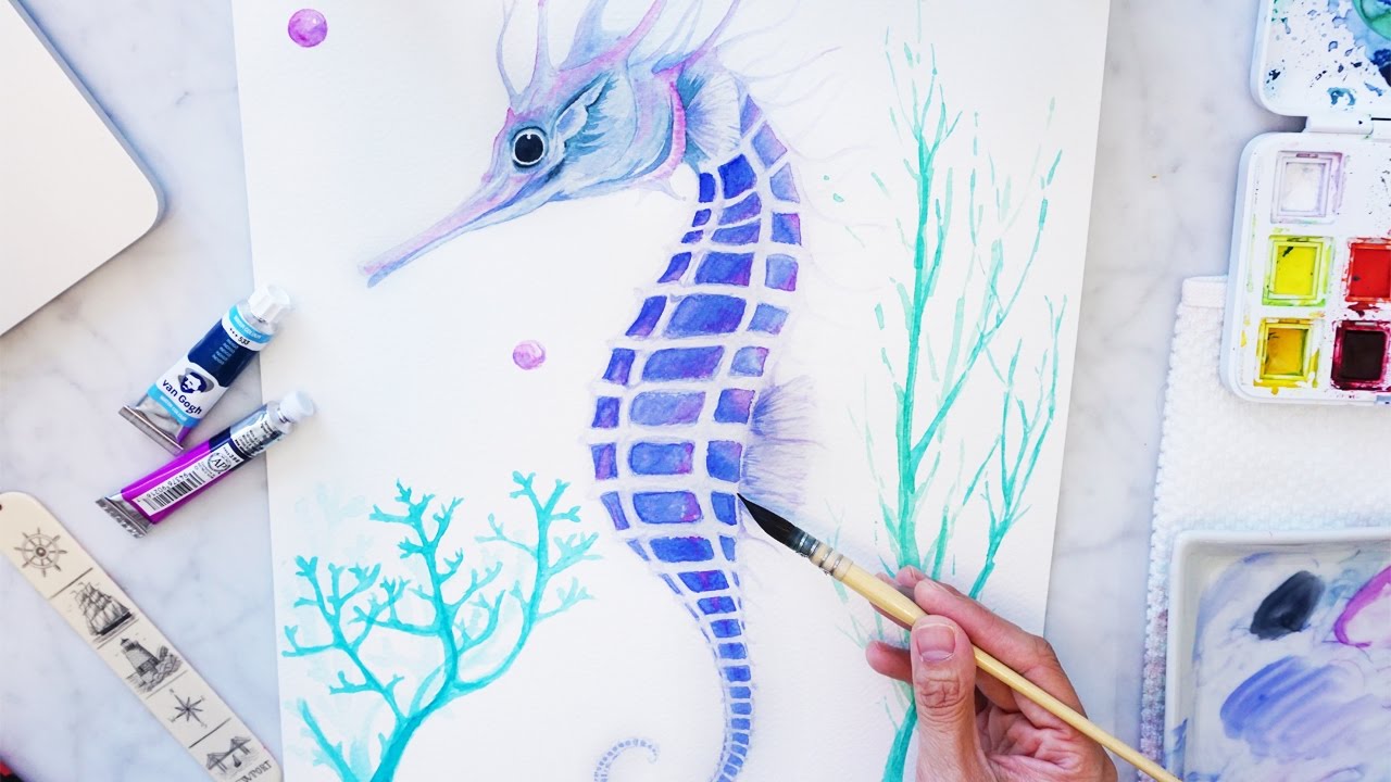 1280x720 Watercolor Seahorse Painting With Seaweed And A