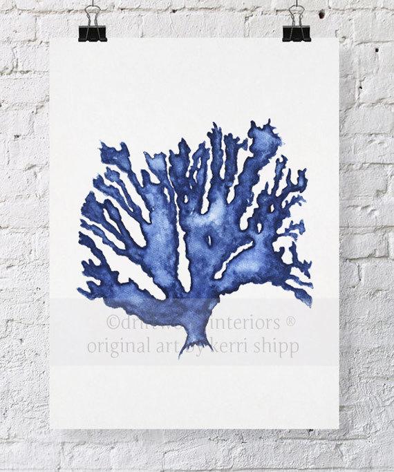 570x683 Sea Coral In Denim Watercolor Print 11x14 Blue Coral Print Etsy
