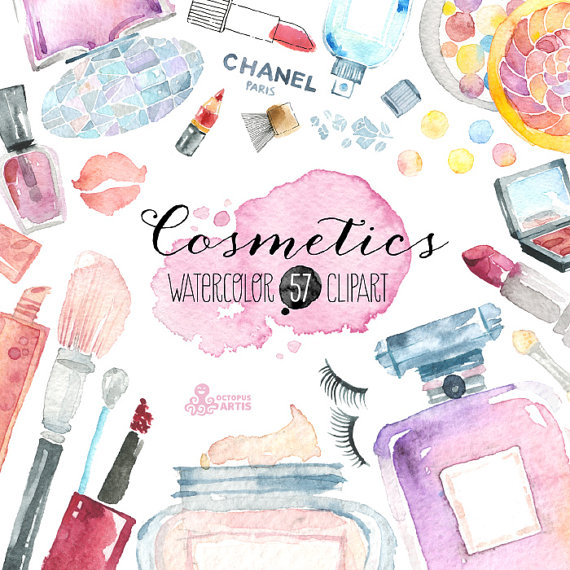 570x570 Makeup Cosmetics Watercolor. 57 Hand Painted Clipart, Diy Elements