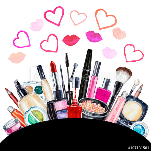 500x500 Set Of Various Watercolor Decorative Cosmetic. Makeup Products