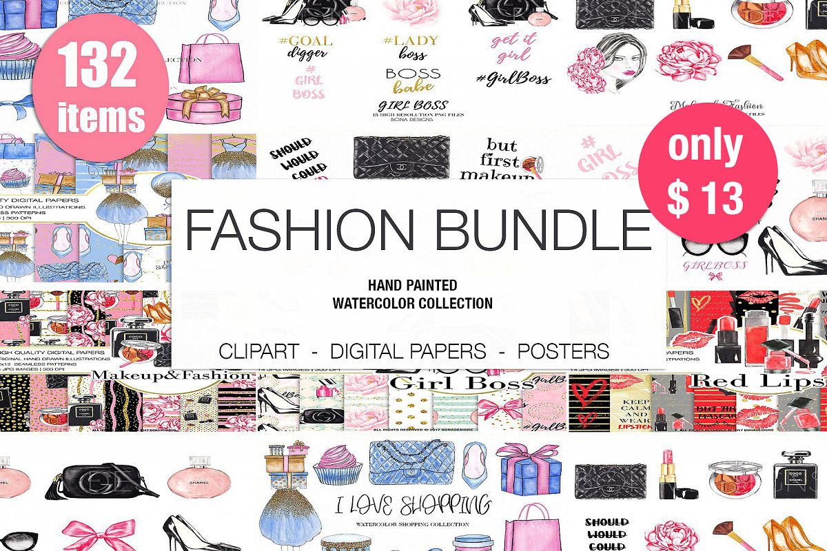 1200x800 Watercolor Fashion Bundle, Watercolor Cosmetic Clipart