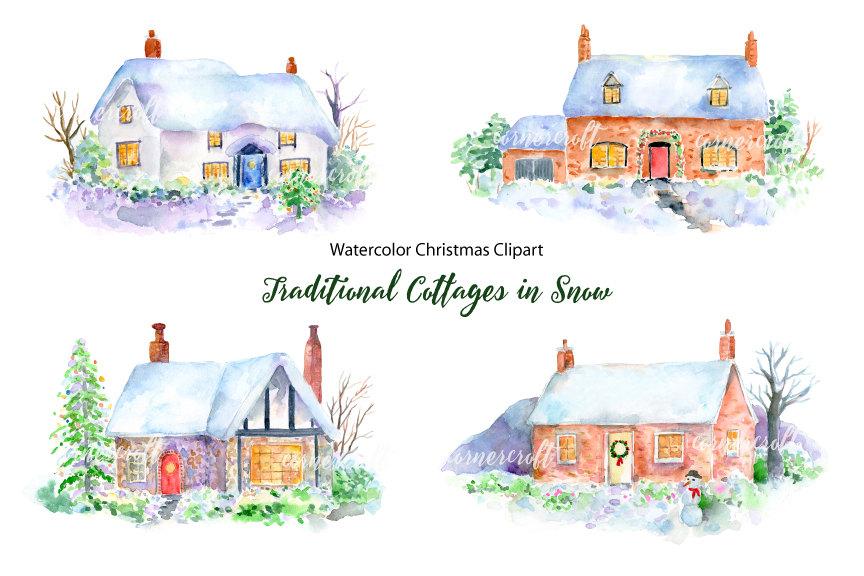 864x576 Watercolour Traditional Cottages In Snow, Christmas Cottages