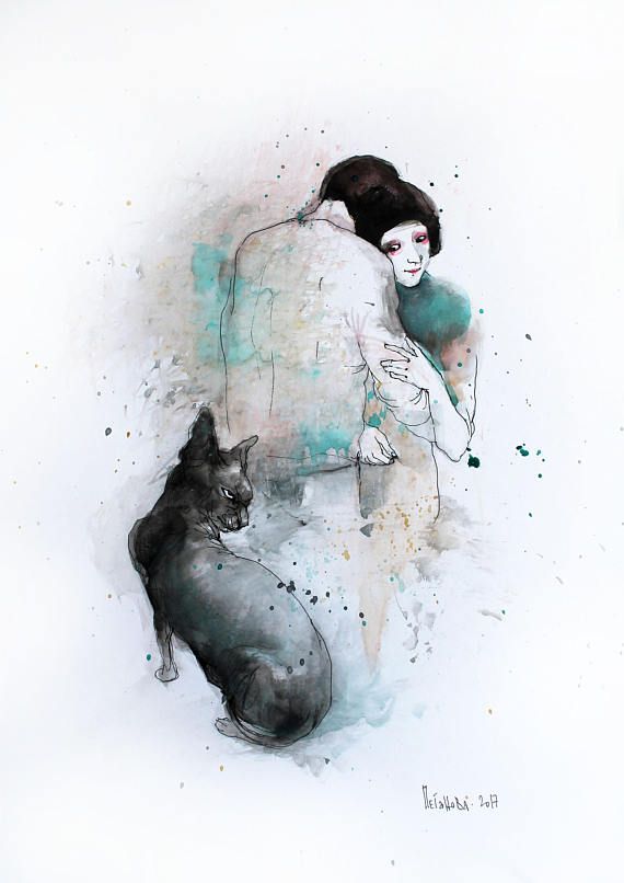 570x806 Love Couple Watercolor Painting Sphynx Cat Watercolor Painting