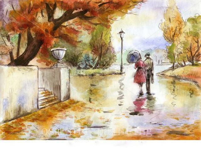 640x475 Watercolor Hand Drawn Painting Landscape With A Couple In The