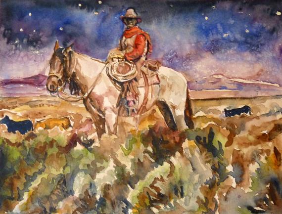 570x433 Starlight Cowboy Watercolor Art Print By Maure Bausch Etsy