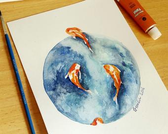 340x270 Fish Watercolor Original Original Koi Fish Watercolor Gold Etsy