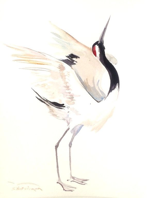 570x768 Japanese Crane Original Watercolor Painting, 12 X 9 In, Black