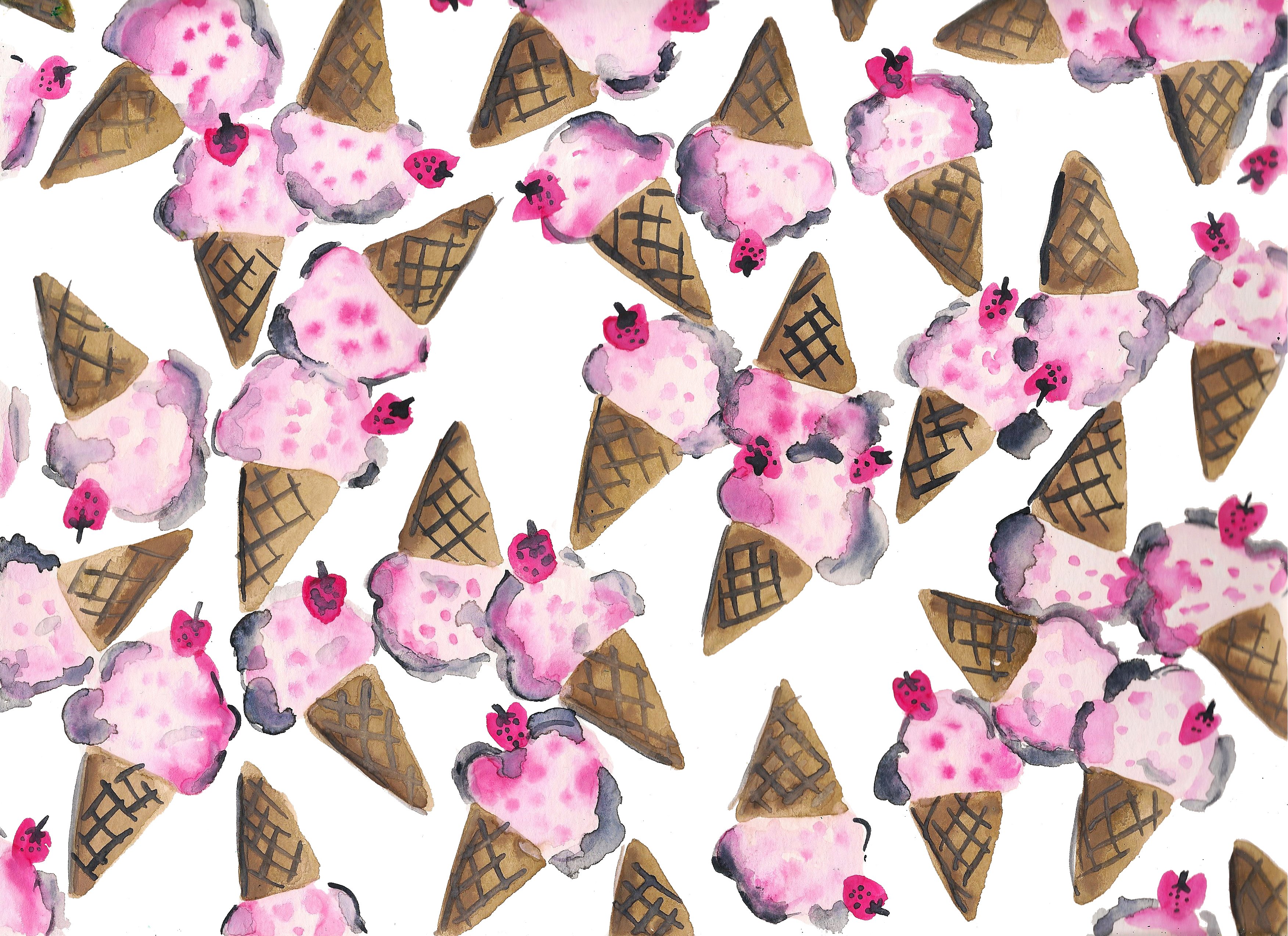 3506x2548 Strawberry Ice Cream Cones Watercolor Painting Kahri By