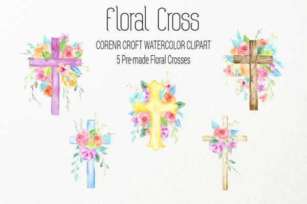 600x399 Watercolor Clipart Floral Cross, Blue, Pink And Purple Crosses