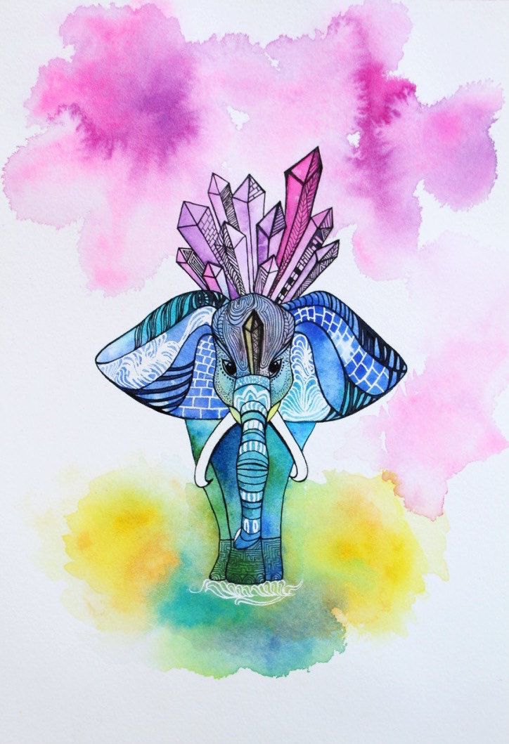 724x1059 Original Watercolor Painting 9x12', Elephant With Crystals