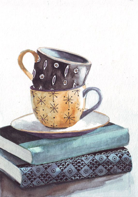 570x813 Original Watercolor Painting Yellow And Black Tea Cups Patterns On