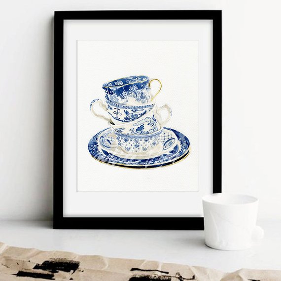 570x570 Vintage Tea Cups Watercolor Art Prints Willow Style Blueampwhite Etsy