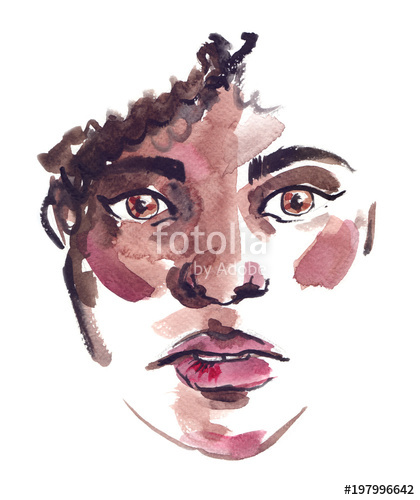 420x500 Portrait Of A Worried Black Girl With Curly Hair Painted In