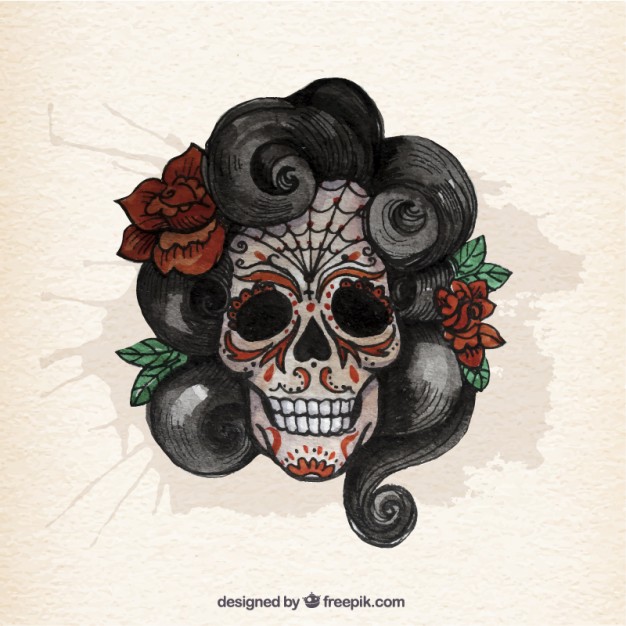 626x626 Watercolor Sugar Skull With Curly Hair Vector Free Download