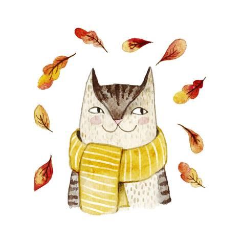 473x473 Cute Cat In Scarf With Autumn Leaves. Watercolor Illustration With