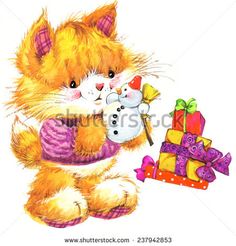 236x246 Cute Cat. Watercolor Funny Cat And Christmas Background With