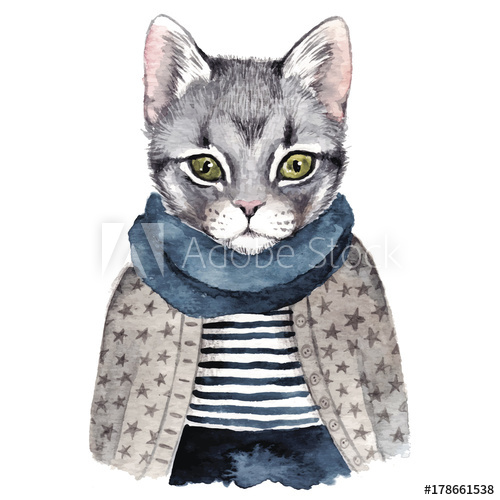 500x500 Cute Cat . Watercolor Hand Drawn Illustration